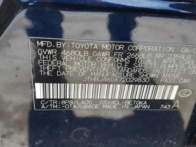 JTHBJ46GX72029830 - 2007 LEXUS ES 350 BLUE photo 10