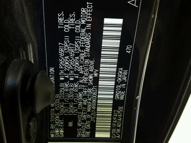 JTEZU14RX8K008371 - 2008 TOYOTA 4RUNNER SR BLACK photo 10