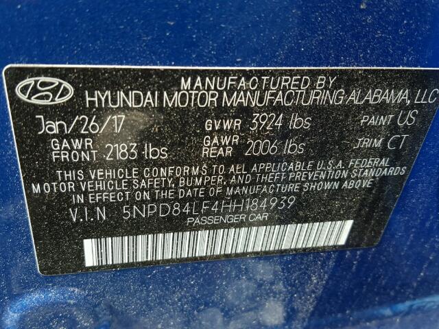 5NPD84LF4HH184939 - 2017 HYUNDAI ELANTRA SE BLUE photo 10