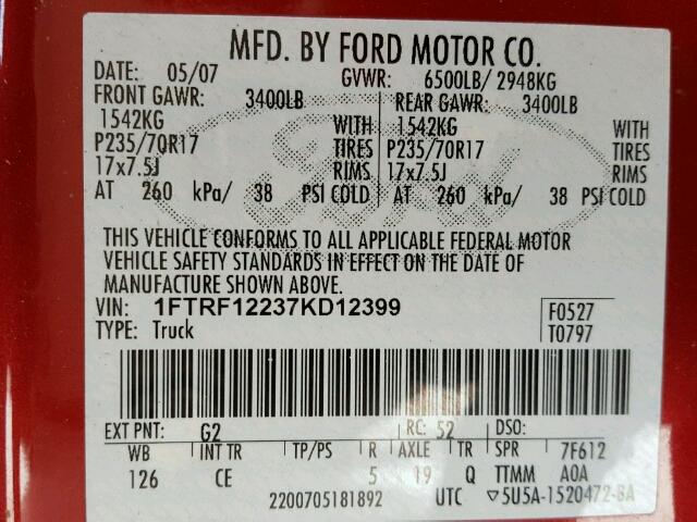 1FTRF12237KD12399 - 2007 FORD F150 Rouge photo 10