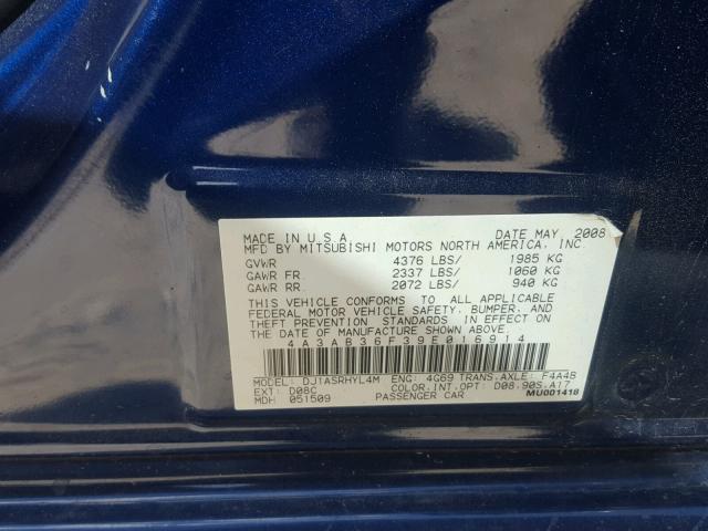 4A3AB36F39E016914 - 2009 MITSUBISHI GALANT ES BLUE photo 10