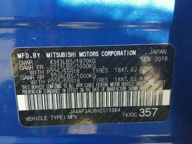 JA4AP3AU8HZ015964 - 2017 MITSUBISHI OUTLANDER BLUE photo 10