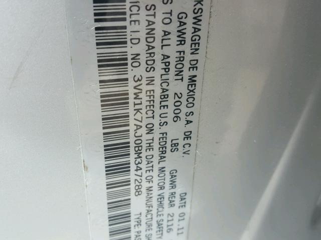 3VW1K7AJ0BM347288 - 2011 VOLKSWAGEN JETTA BASE ვერცხლისფერი ფოტო 10