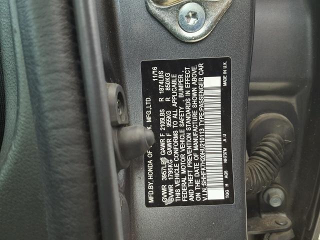 SHHFK7H20HU210113 - 2017 HONDA CIVIC LX GRAY photo 10