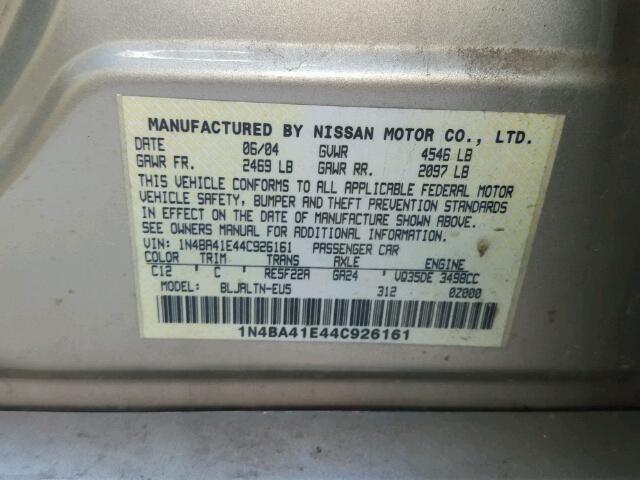 1N4BA41E44C926161 - 2004 NISSAN MAXIMA SE TAN photo 10