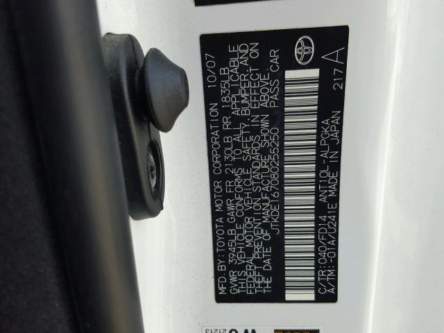 JTKDE167080255250 - 2008 TOYOTA SCION TC 白色 照片 10