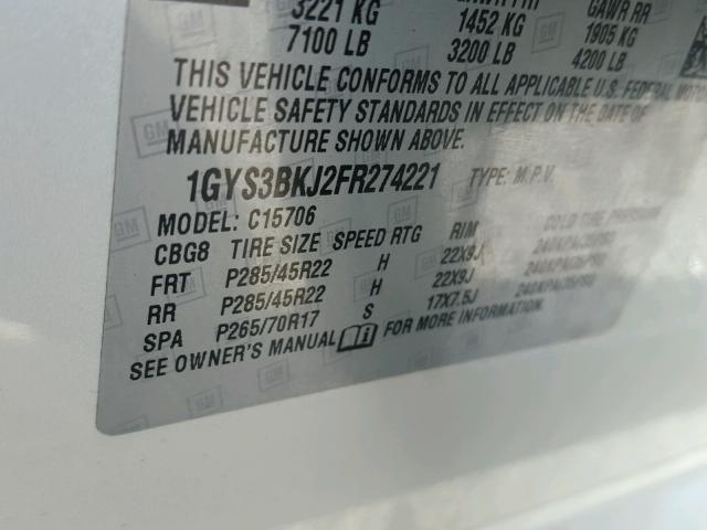 1GYS3BKJ2FR274221 - 2015 CADILLAC ESCALADE L 白色 照片 10