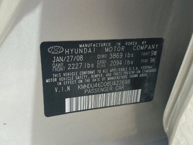 KMHDU46D08U423698 - 2008 HYUNDAI ELANTRA BEIGE photo 10