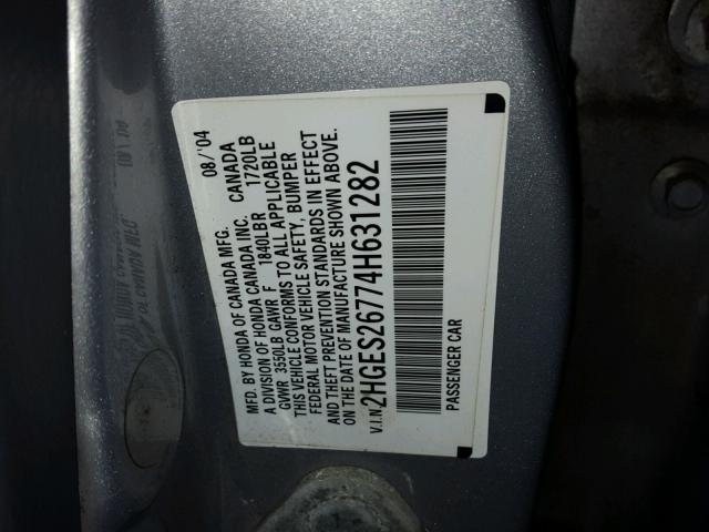 2HGES26774H631282 - 2004 HONDA CIVIC EX SILVER photo 10