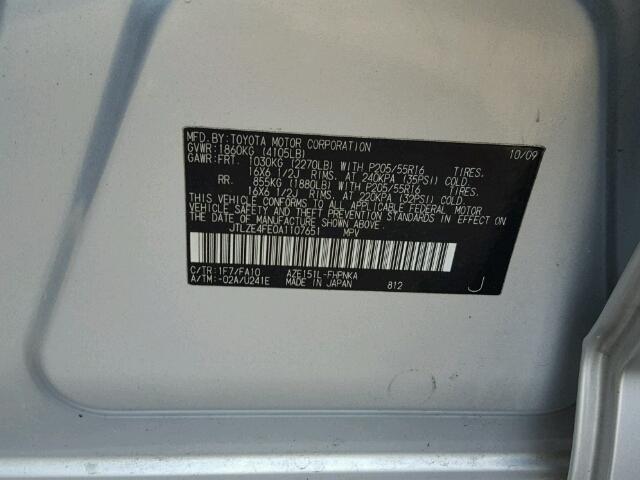 JTLZE4FE0A1107651 - 2010 TOYOTA SCION XB 银色 照片 10