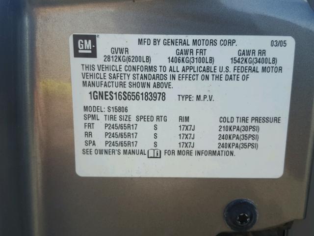 1GNES16S656183978 - 2005 CHEVROLET TRAILBLAZE GRAY photo 10