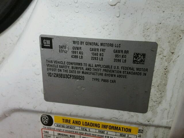 1G1ZA5EU3CF390020 - 2012 CHEVROLET MALIBU LS Ağ foto 10