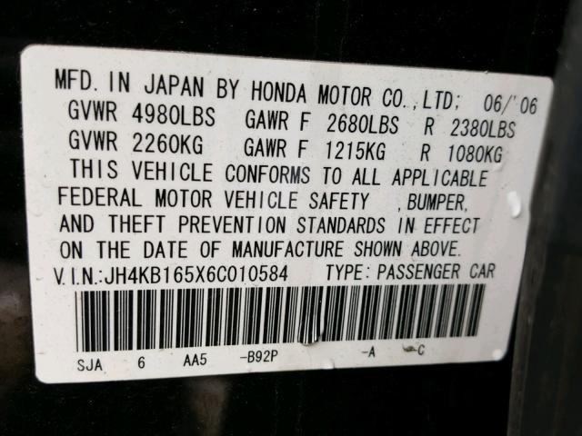 JH4KB165X6C010584 - 2006 ACURA RL BLACK photo 10