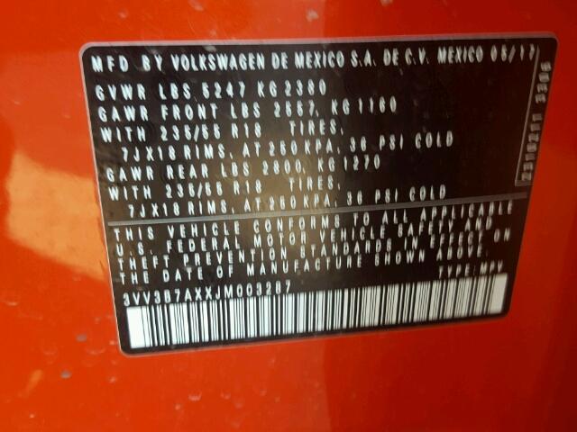 3VV3B7AXXJM003287 - 2018 VOLKSWAGEN TIGUAN SE Narıncı foto 10