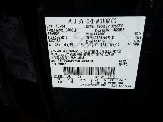 1FTPX04525KB80870 - 2005 FORD F150 BLACK photo 10