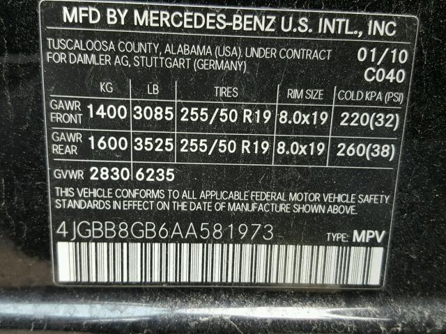 4JGBB8GB6AA581973 - 2010 MERCEDES-BENZ ML 350 4MA BLACK photo 10