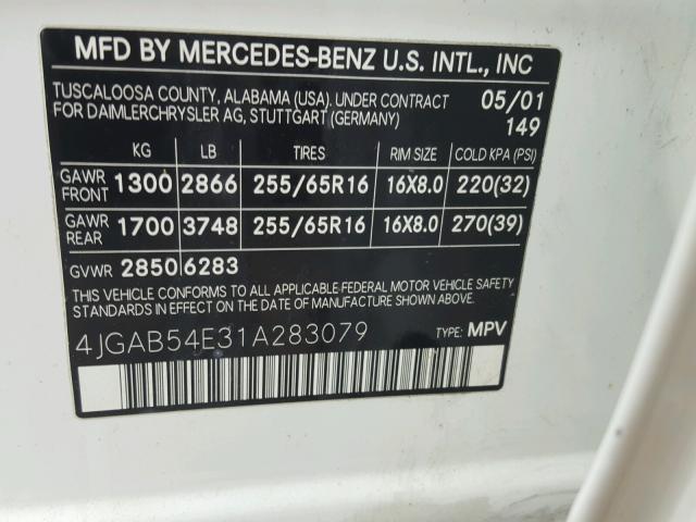 4JGAB54E31A283079 - 2001 MERCEDES-BENZ ML 320 WHITE photo 10