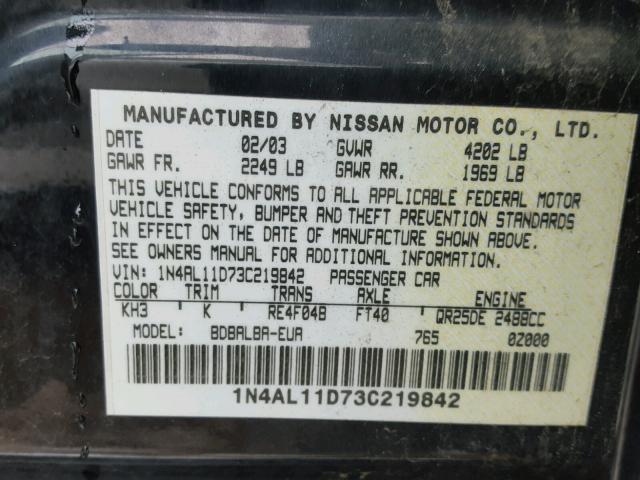 1N4AL11D73C219842 - 2003 NISSAN ALTIMA BAS BLACK photo 10