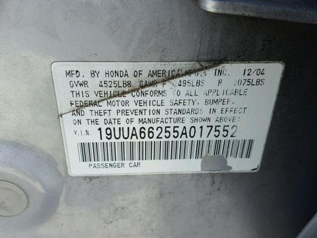 19UUA66255A017552 - 2005 ACURA TL SILVER photo 10