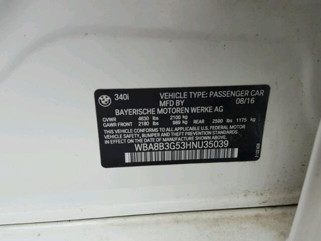 WBA8B3G53HNU35039 - 2017 BMW 340 I Blanco foto 10