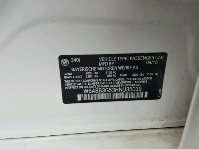 WBA8B3G53HNU35039 - 2017 BMW 340 I WHITE photo 10