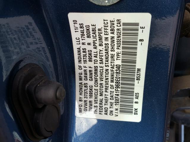 19XFA1F96BE018340 - 2011 HONDA CIVIC EXL BLUE photo 10