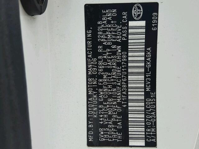 4T1FA38P67U117980 - 2007 TOYOTA CAMRY SOLA თეთრი ფოტო 10