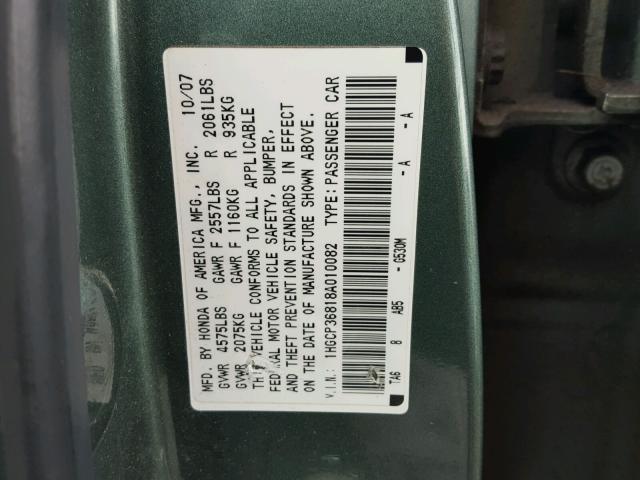 1HGCP36818A010082 - 2008 HONDA ACCORD EXL GREEN photo 10