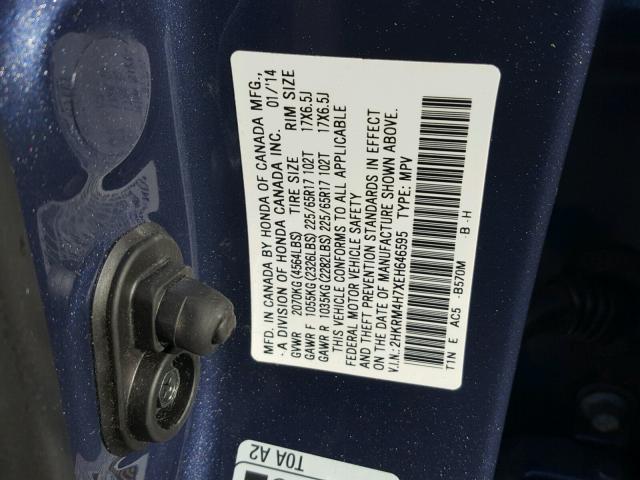 2HKRM4H7XEH646595 - 2014 HONDA CR-V EXL BLUE photo 10