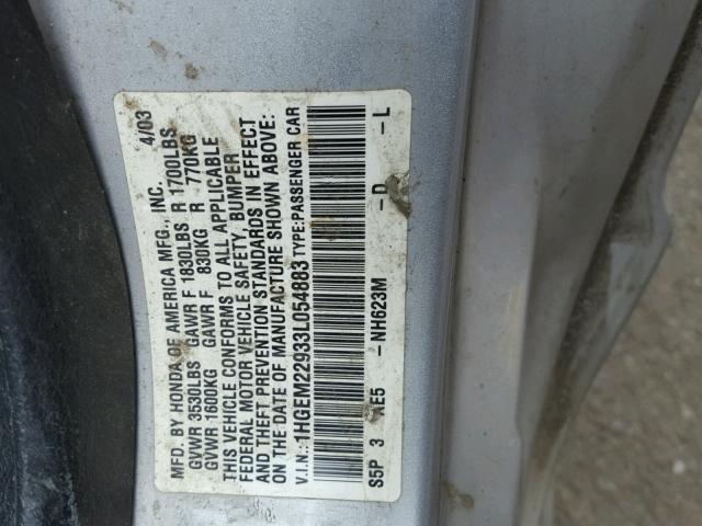 1HGEM22933L054883 - 2003 HONDA CIVIC EX SILVER photo 10