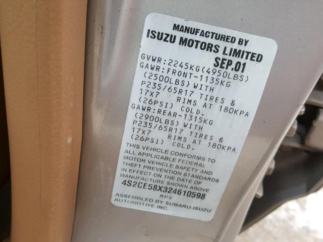 4S2CE58X324610598 - 2002 ISUZU AXIOM XS Qızıl foto 10