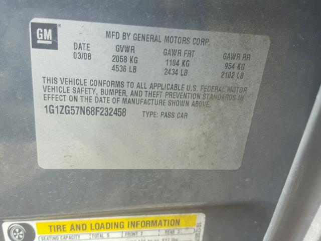 1G1ZG57N68F232458 - 2008 CHEVROLET MALIBU LS გრაფიტი ფოტო 10