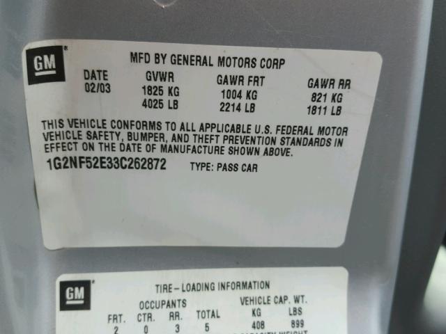 1G2NF52E33C262872 - 2003 PONTIAC GRAND AM S SILVER photo 10