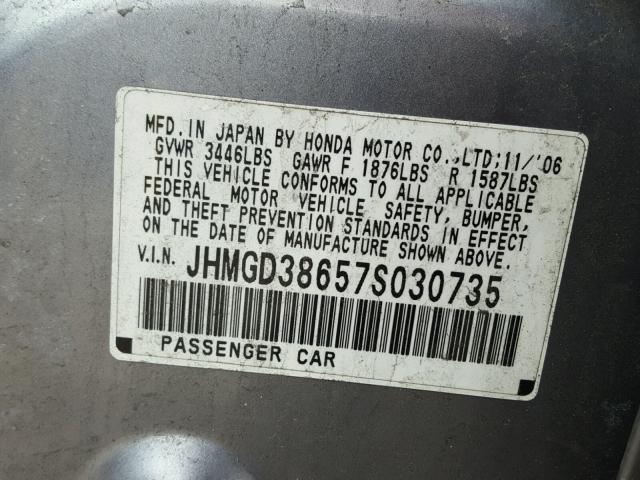 JHMGD38657S030735 - 2007 HONDA FIT S GRAY photo 10