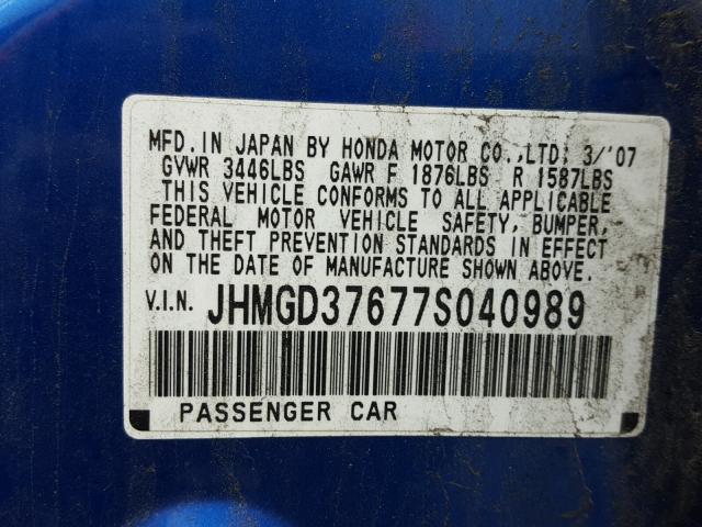 JHMGD37677S040989 - 2007 HONDA FIT S BLUE photo 10