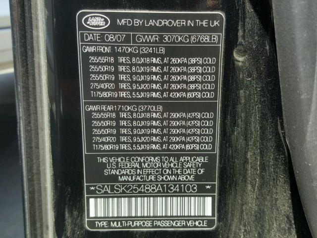 SALSK25488A134103 - 2008 LAND ROVER RANGE ROVE BLACK photo 10