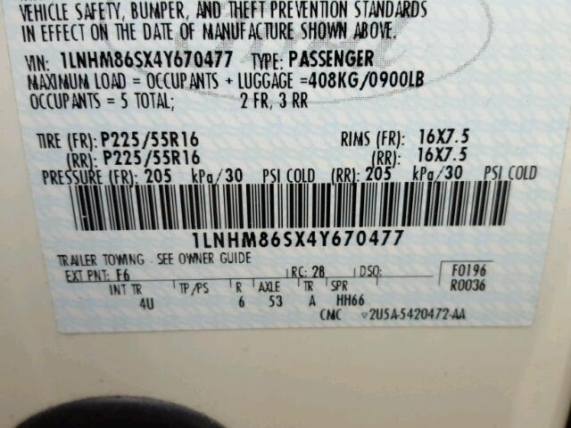 1LNHM86SX4Y670477 - 2004 LINCOLN LS 白色 照片 10