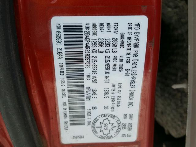 2B4GP44R21R397578 - 2001 DODGE GRAND CARA RED photo 10