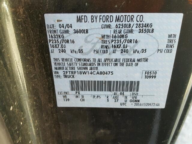 2FTRF18W14CA80475 - 2004 FORD F150 HERIT BLACK photo 10