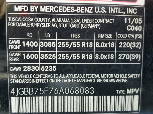 4JGBB75E76A068083 - 2006 MERCEDES-BENZ ML 500 BLACK photo 10