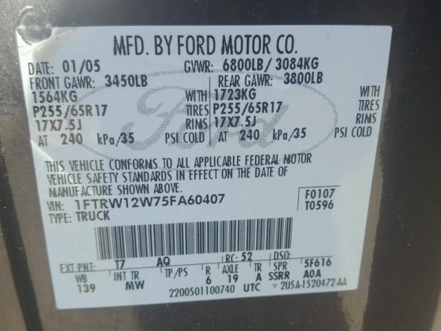 1FTRW12W75FA60407 - 2005 FORD F150 SUPER BLACK photo 10