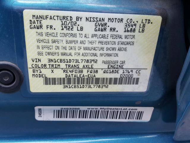 3N1CB51D73L778392 - 2003 NISSAN SENTRA XE BLUE photo 10