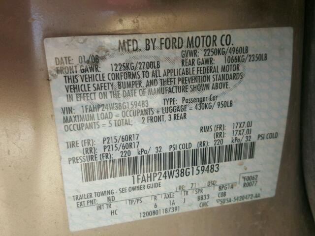 1FAHP24W38G159483 - 2008 FORD TAURUS SEL GOLD photo 10