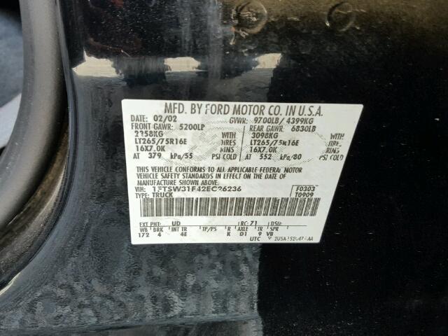 1FTSW31F42EC26236 - 2002 FORD F350 SRW S BLACK photo 10