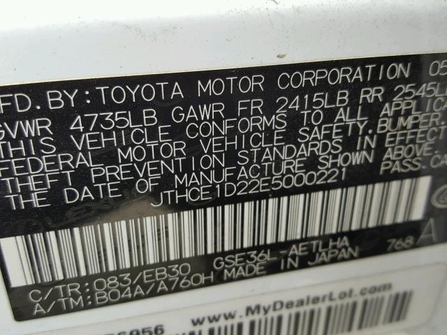 JTHCE1D22E5000221 - 2014 LEXUS IS 350 WHITE photo 10