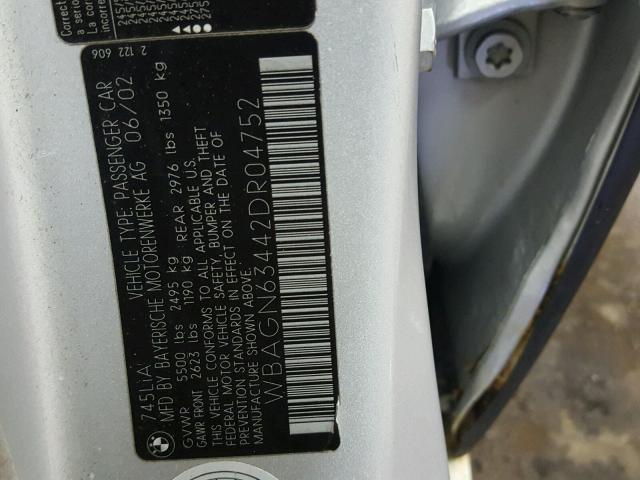 WBAGN63442DR04752 - 2002 BMW 745 LI SILVER photo 10