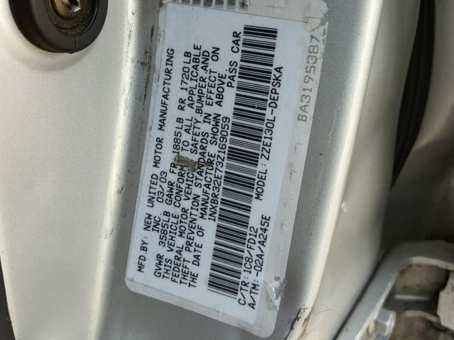 1NXBR32E73Z169059 - 2003 TOYOTA COROLLA CE SILVER photo 10