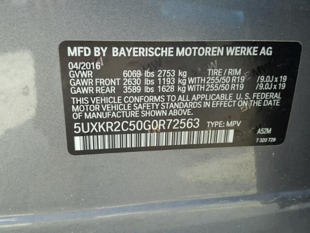 5UXKR2C50G0R72563 - 2016 BMW X5 SDRIVE3 GRAY photo 10