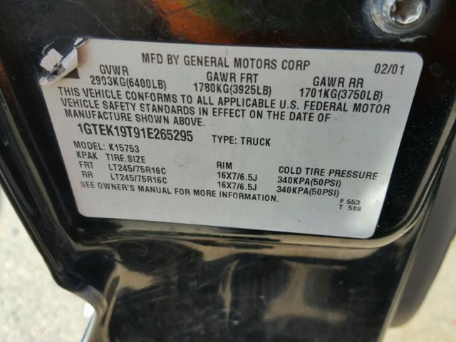 1GTEK19T91E265295 - 2001 GMC NEW SIERRA TWO TONE photo 10