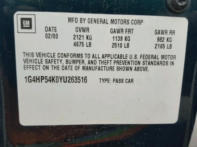 1G4HP54K0YU263516 - 2000 BUICK LESABRE CU GREEN photo 10